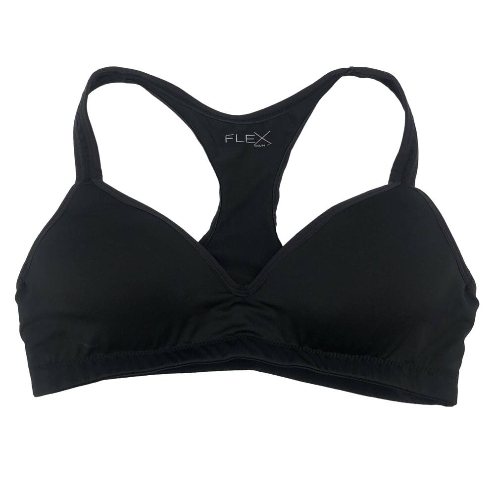 FLEX OWN IT Women's V-Neck Sports Bra Racerback Solid Polyester Black Large